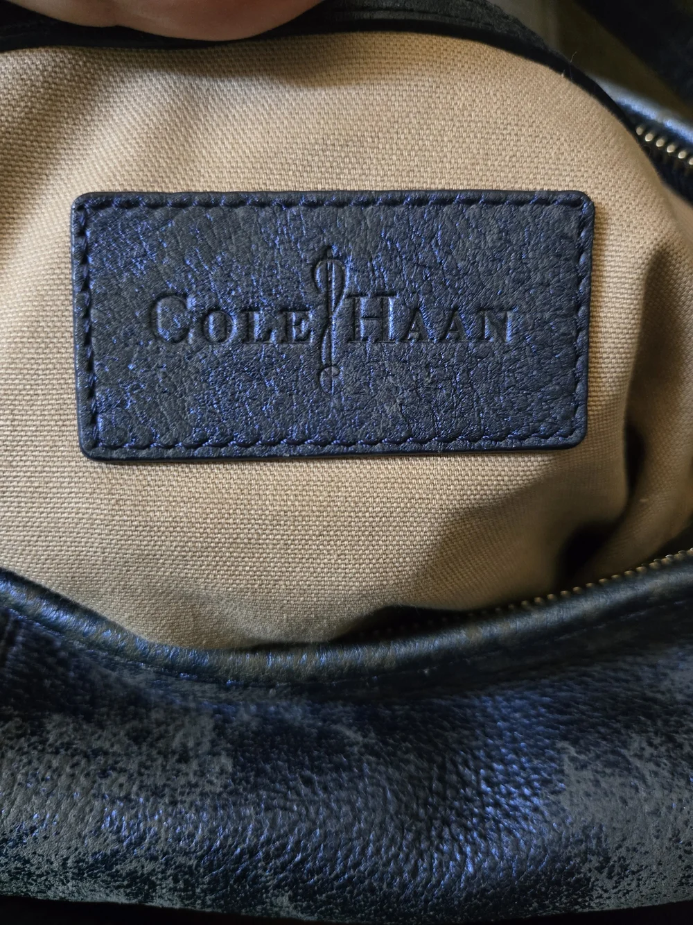 Cole Haan Distressed Blue Leather Shoulder Bag with Black Strap